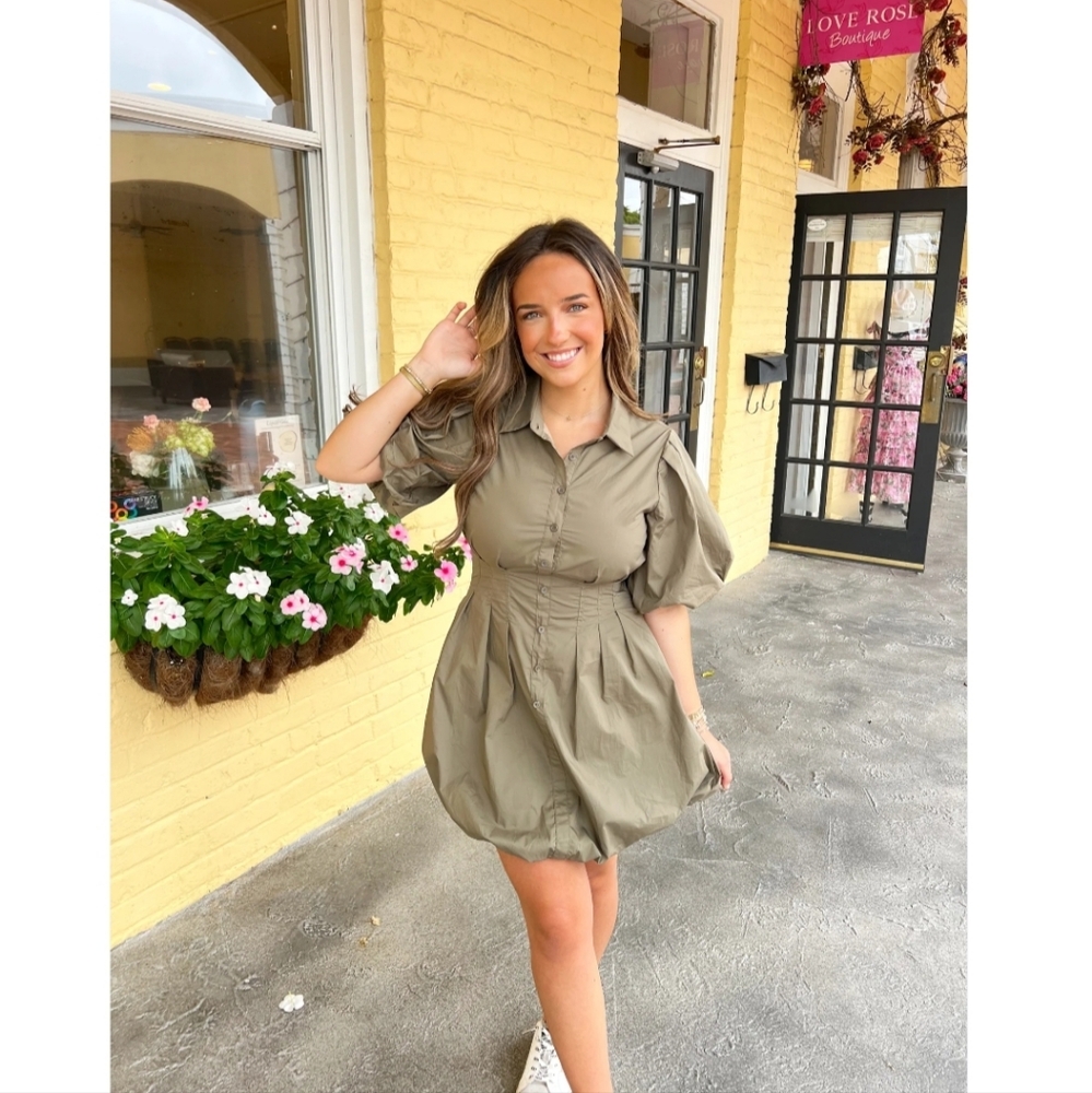 Karlie Solid Pleat Bubble Hem Mini Shirt Dress Button Up Olive Green Womens Sz S - Picture 3 of 15